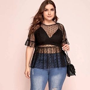 Plus Size Sheer Polka Dot Peplum Blouse